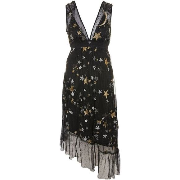 Topshop Embroidered Metallic Star Swiss Dot Plunge Neck Asymmetrical Midi Dress - Picture 1 of 10